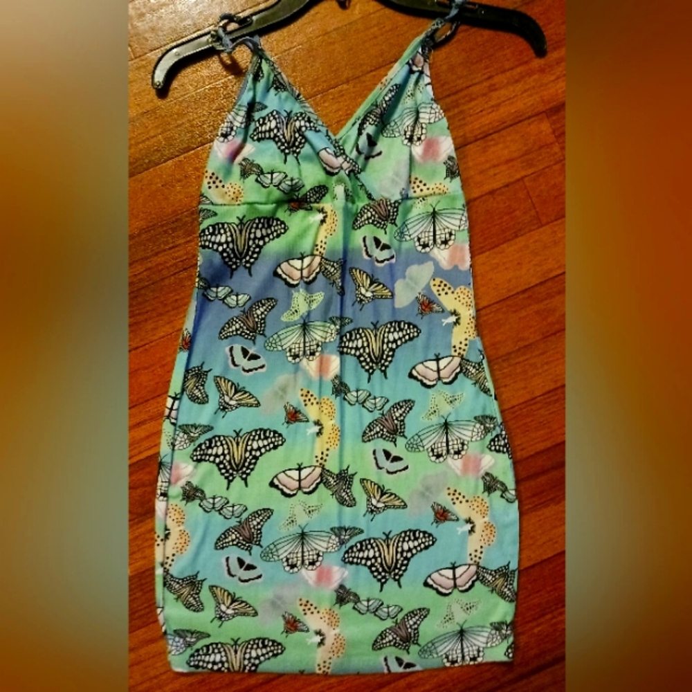 Blue green butterfly print dress Sz S